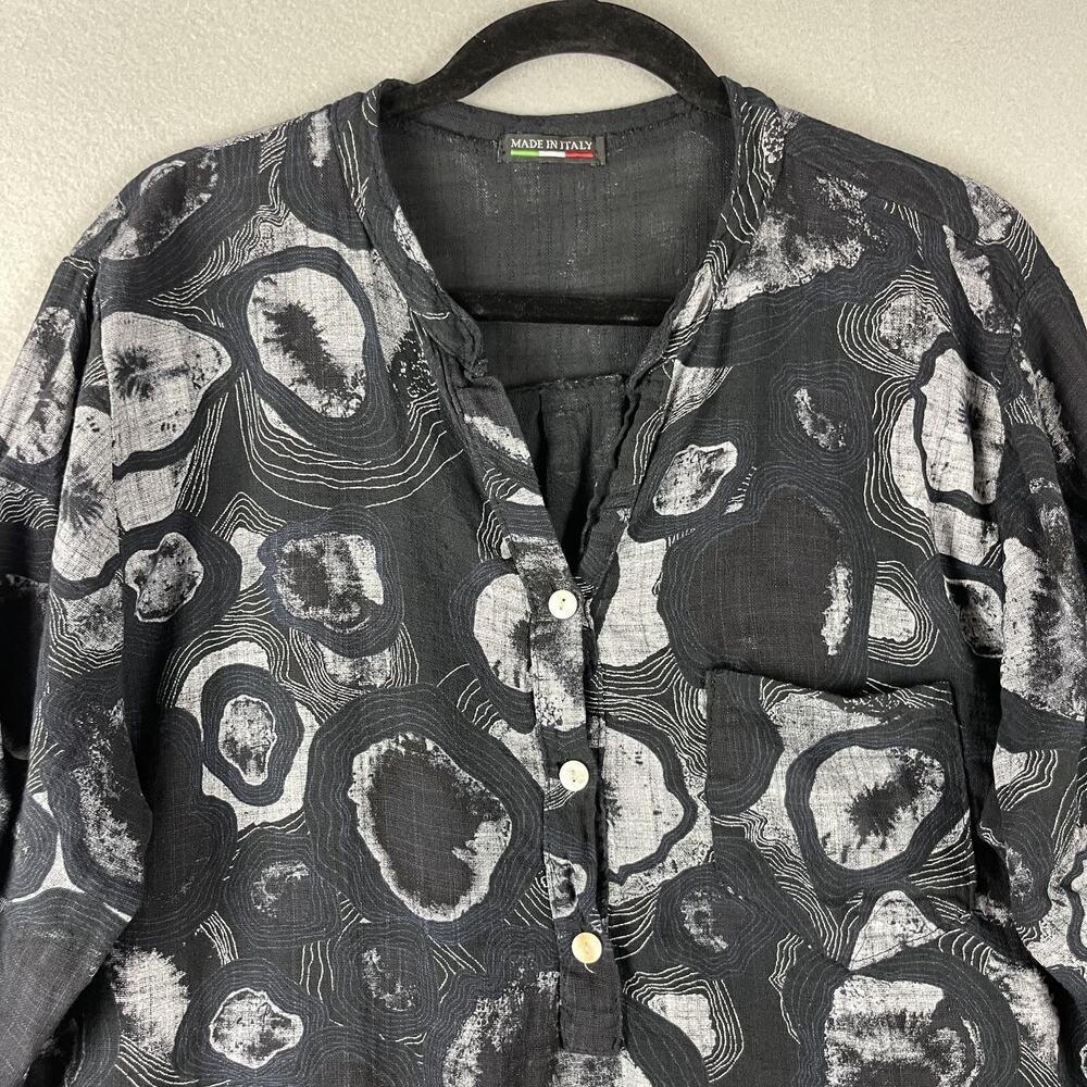 Made In Italy Top Womens Large Black Roll Tab Gauzy Coastal Lagenlook Artsy - Picture 2 of 12